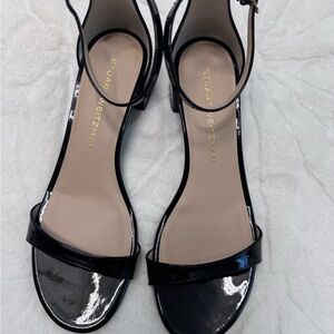 Stuart Weitzman Black Patent Open-Toe Ankle-Strap Sandals